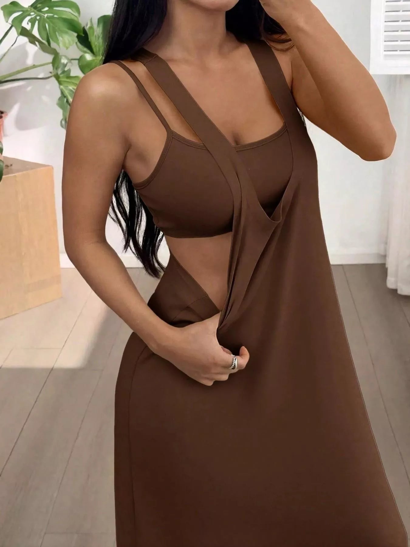Scoop Neck Cami and Maxi Dress Set Brown / S
