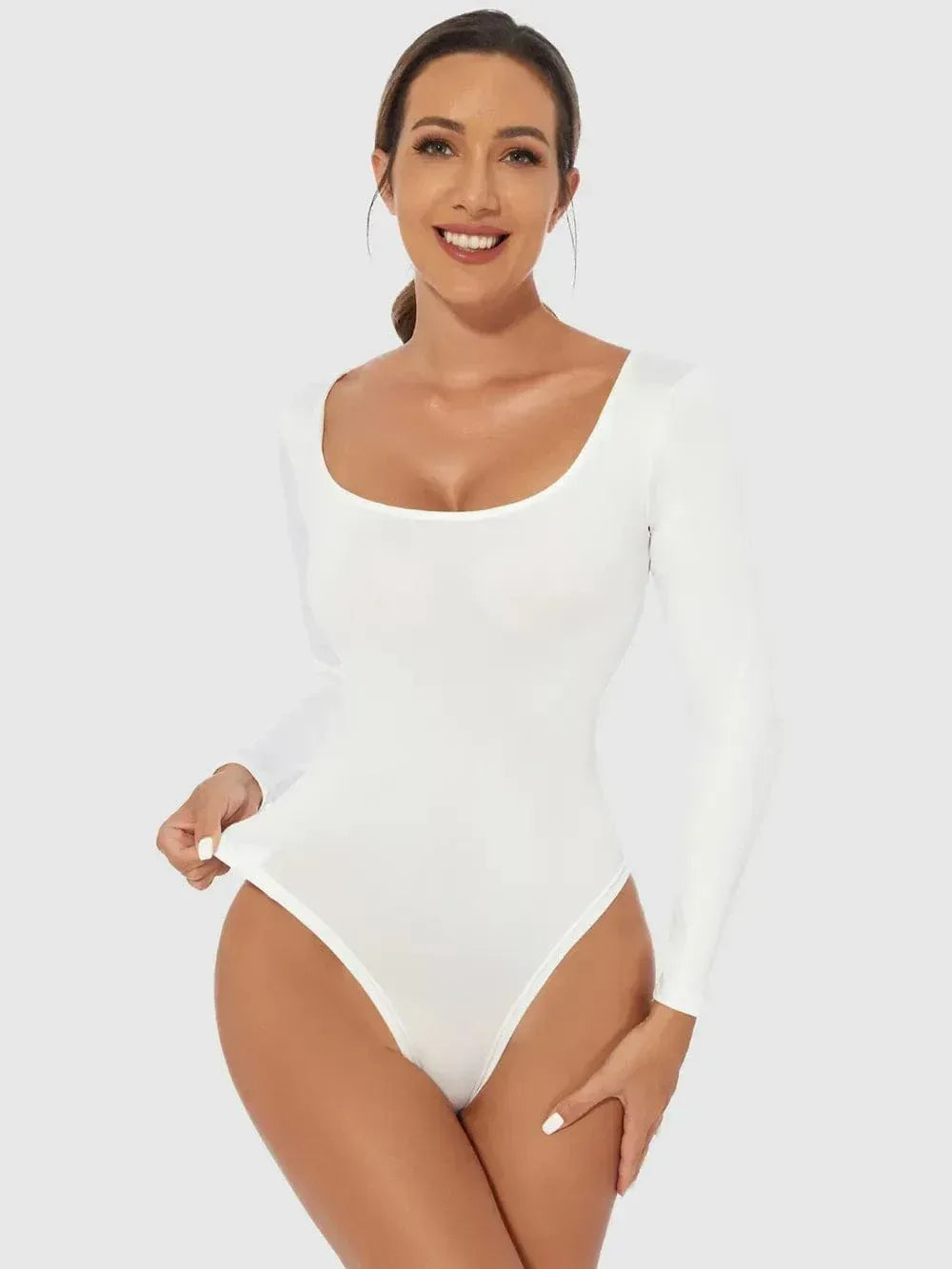Scoop Neck Long Sleeve Bodysuit White / S