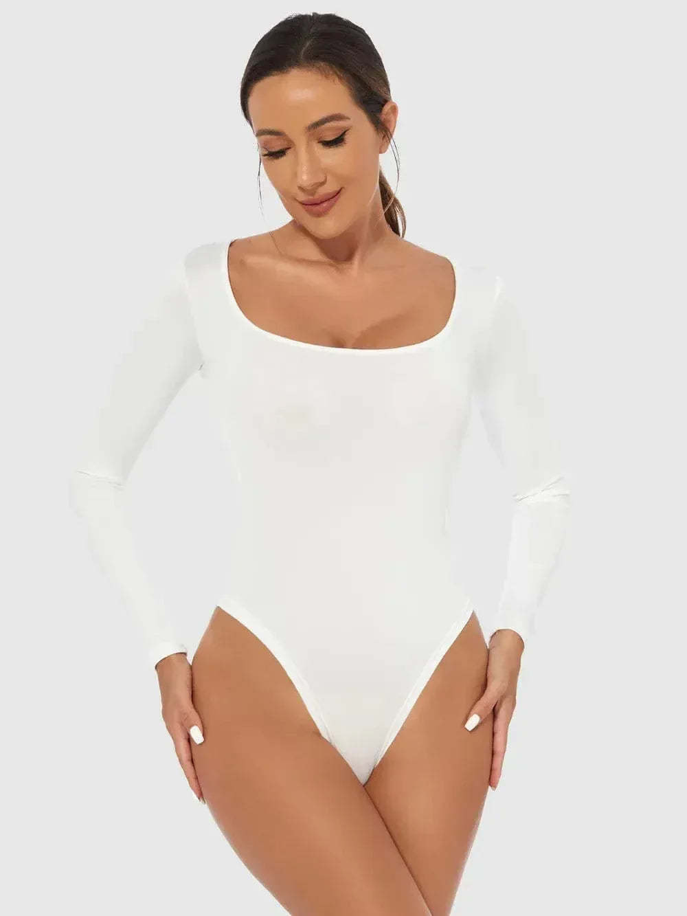 Scoop Neck Long Sleeve Bodysuit White / S