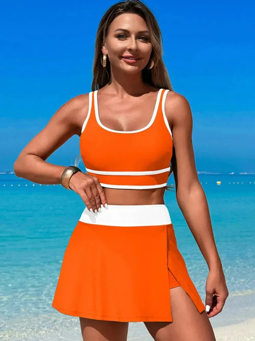 Scoop Neck Top and Skirt Swim Set