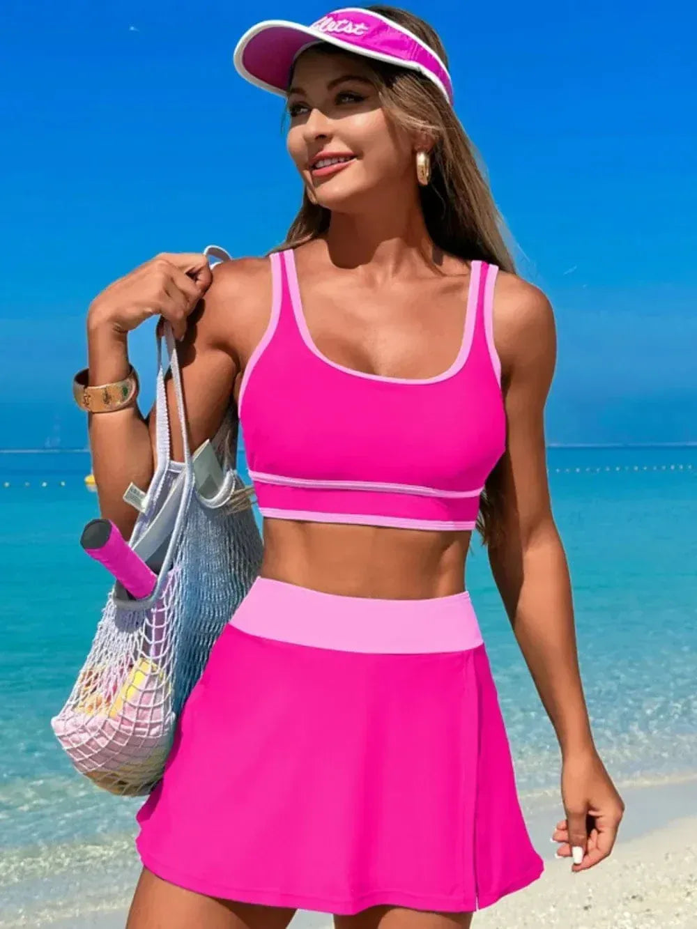 Scoop Neck Top and Skirt Swim Set Hot Pink / S