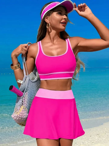 Scoop Neck Top and Skirt Swim Set Hot Pink / S