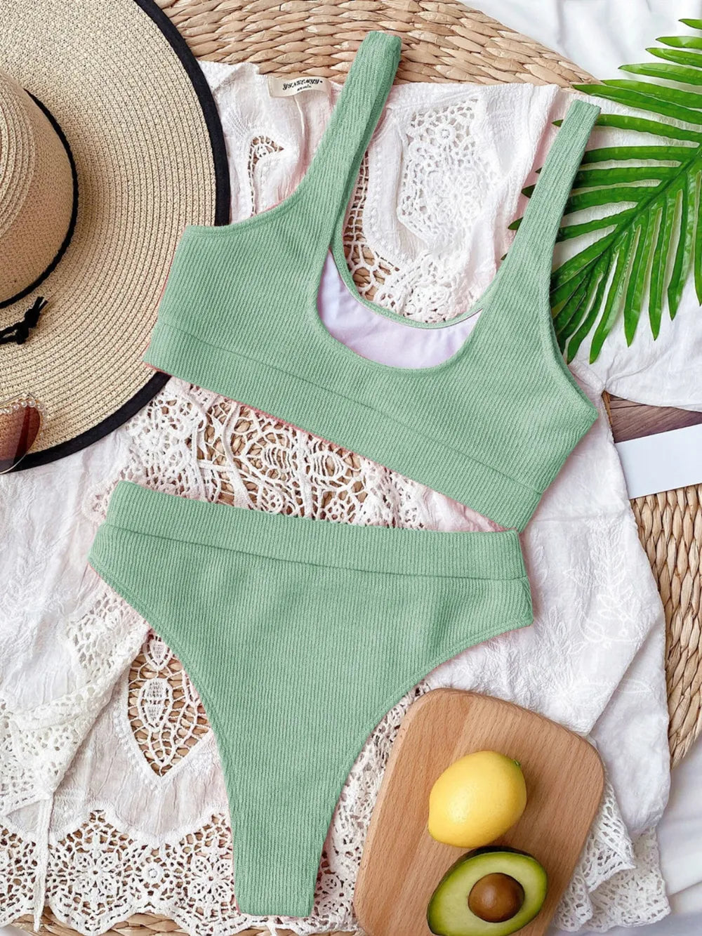 Scoop Neck Wide Strap Two-Piece Swim Set Light Green / S