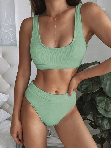 Scoop Neck Wide Strap Two-Piece Swim Set Light Green / S