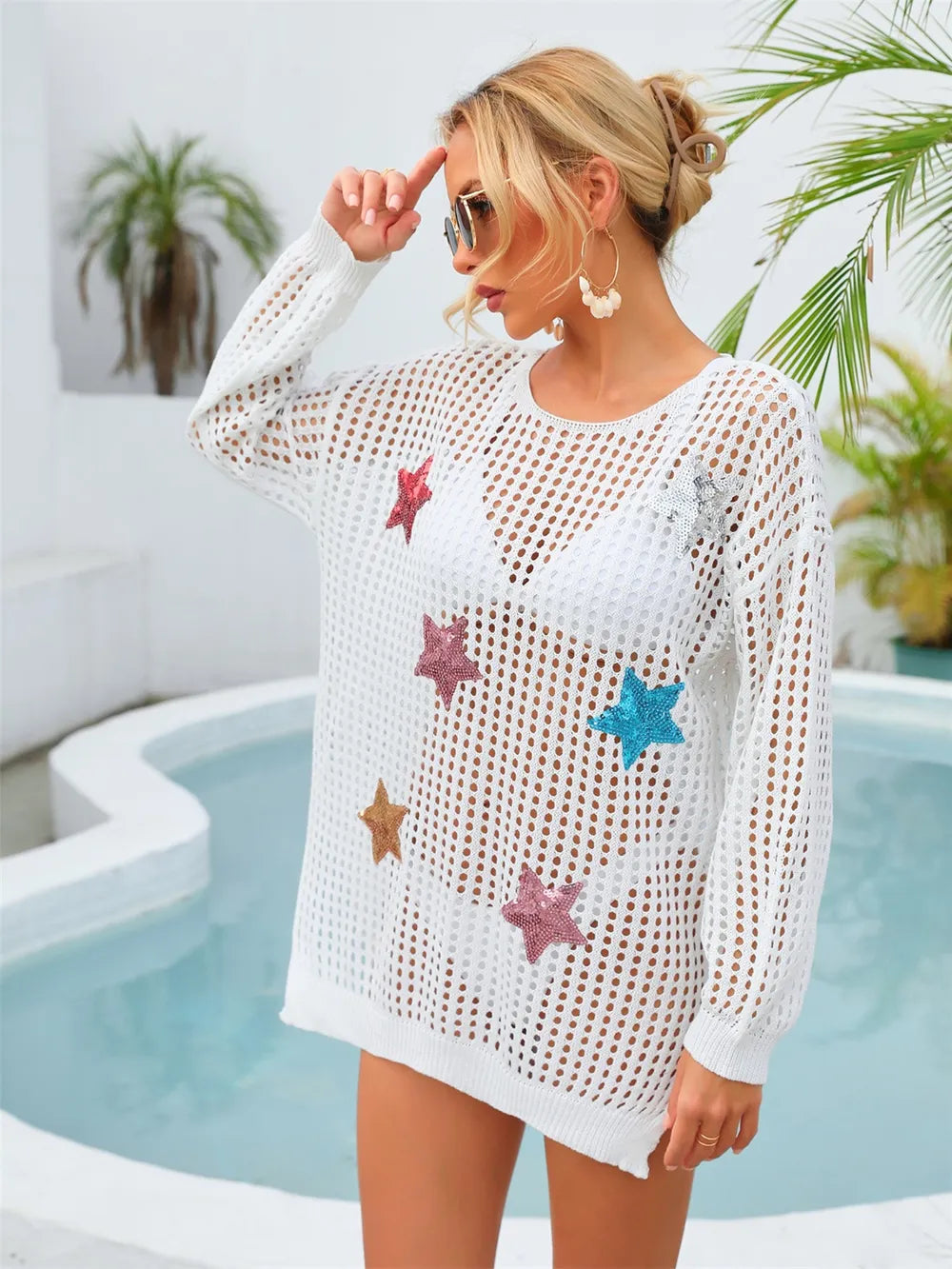 Sequin Star Long Sleeve Swim Cover-Up