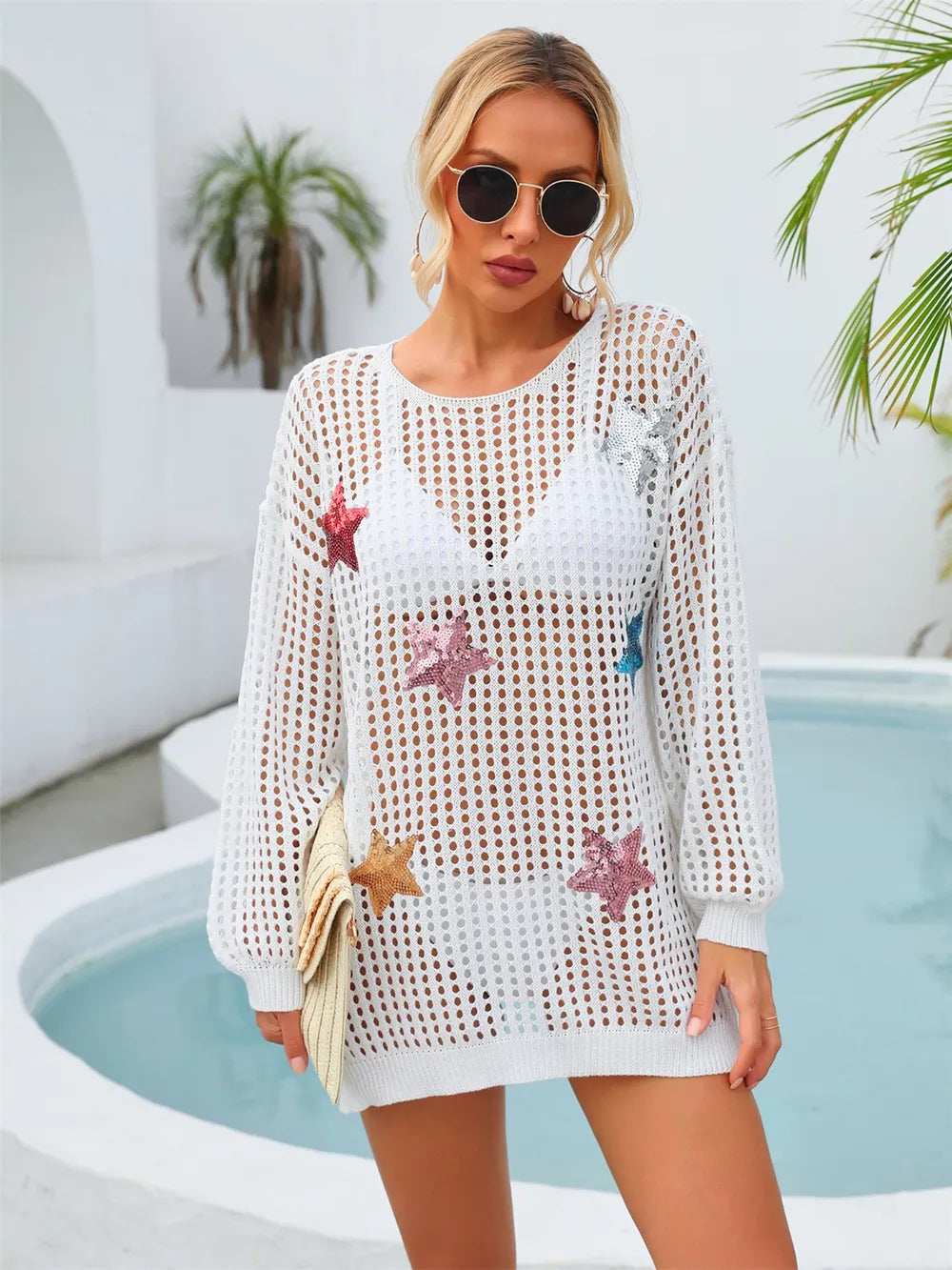 Sequin Star Long Sleeve Swim Cover-Up White / S