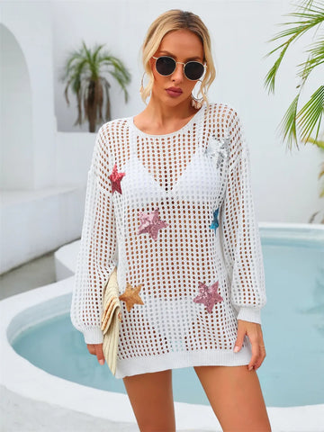 Sequin Star Long Sleeve Swim Cover-Up White / S