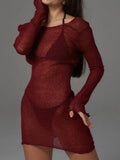 Sheer Backless Long Sleeve Mini Cover-Up Dress