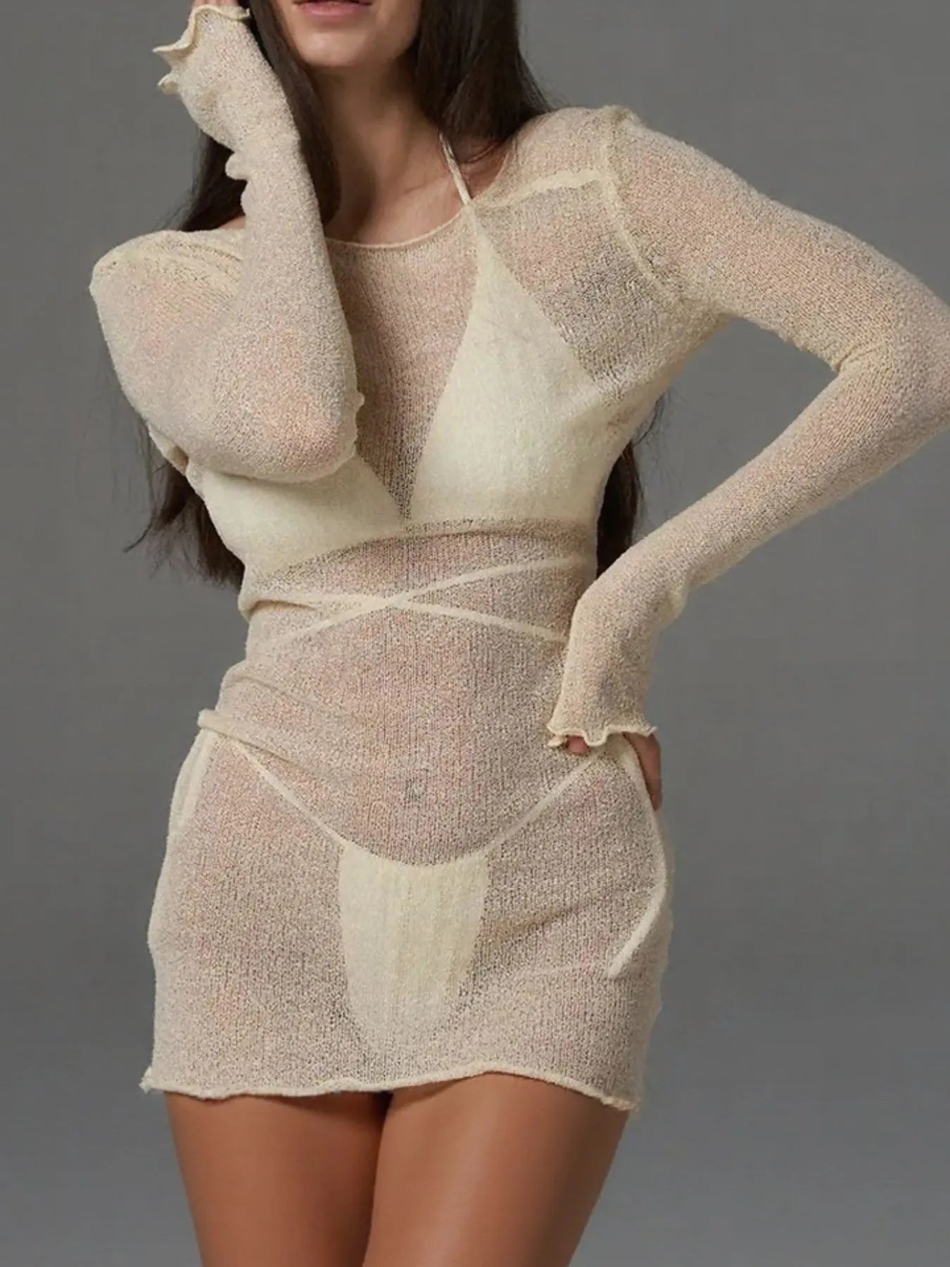 Sheer Backless Long Sleeve Mini Cover-Up Dress
