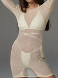 Sheer Backless Long Sleeve Mini Cover-Up Dress