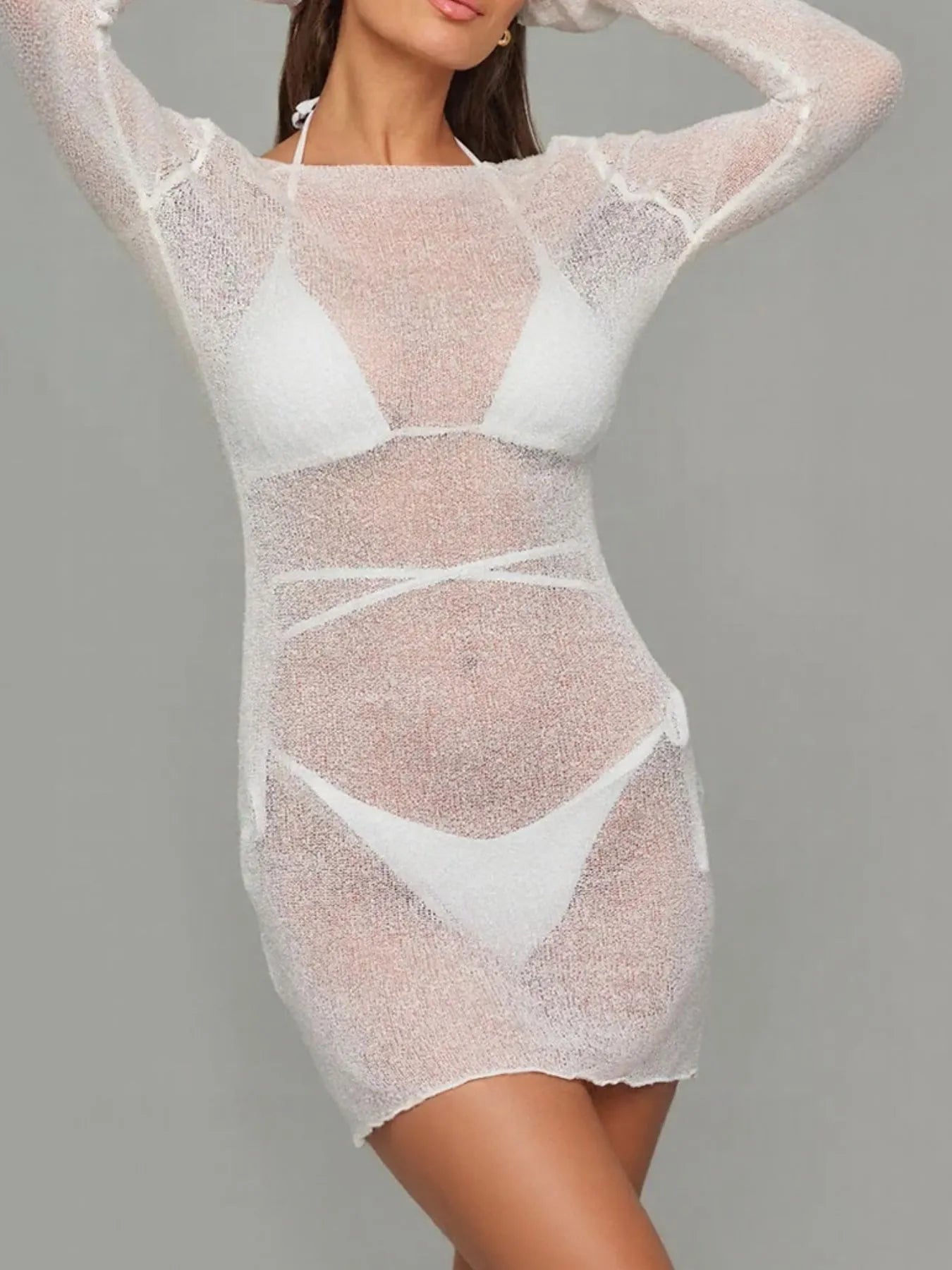 Sheer Backless Long Sleeve Mini Cover-Up Dress