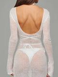 Sheer Backless Long Sleeve Mini Cover-Up Dress