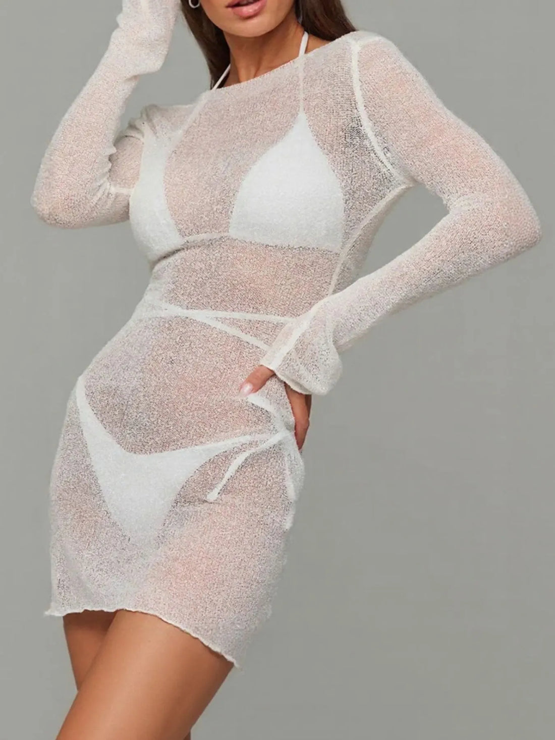 Sheer Backless Long Sleeve Mini Cover-Up Dress White / S