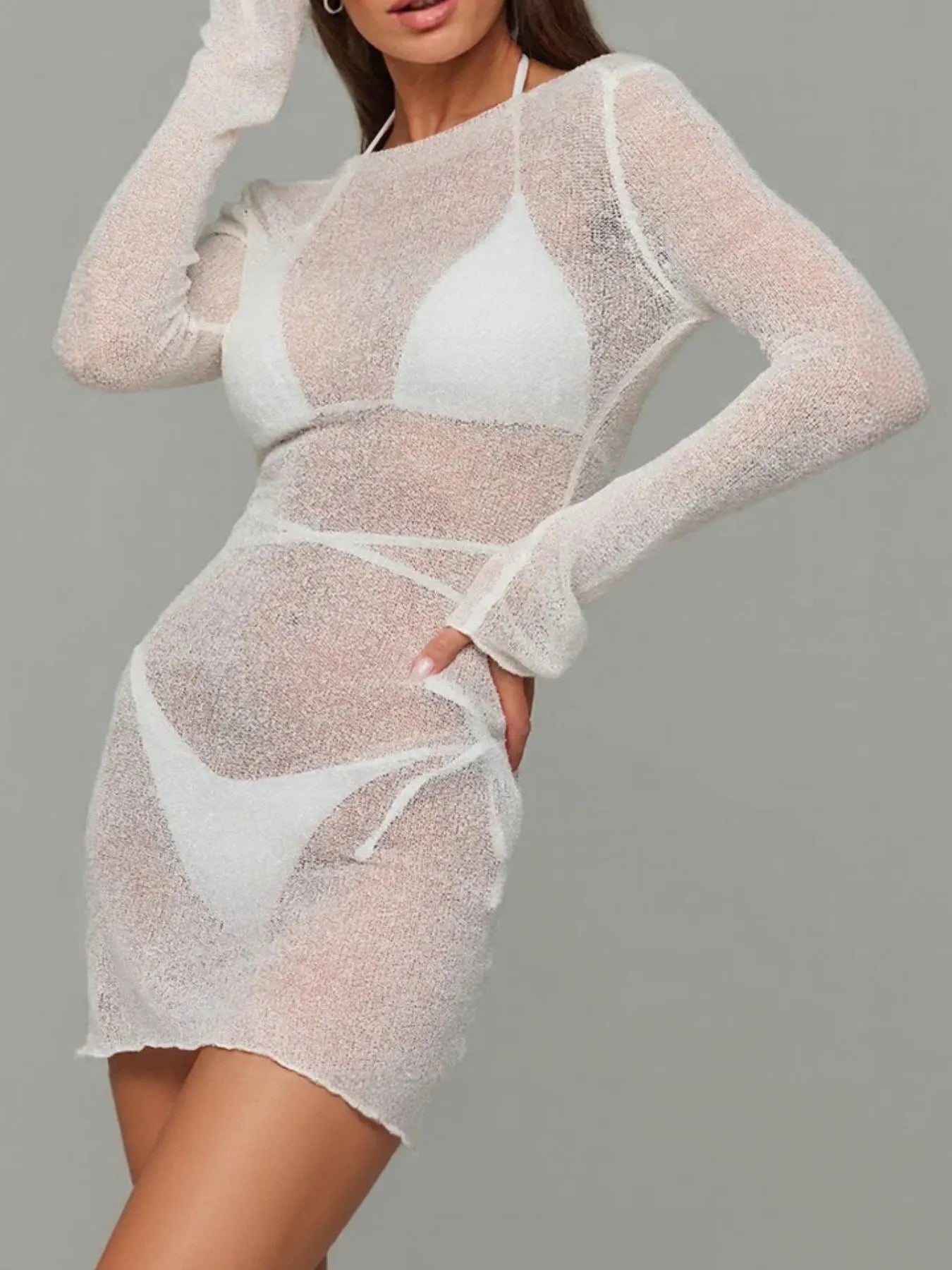Sheer Backless Long Sleeve Mini Cover-Up Dress