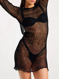 Sheer Backless Long Sleeve Mini Cover-Up Dress Black / S