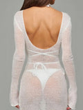 Sheer Backless Long Sleeve Mini Cover-Up Dress