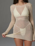 Sheer Backless Long Sleeve Mini Cover-Up Dress Beige / S