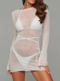 Sheer Backless Long Sleeve Mini Cover-Up Dress White / S