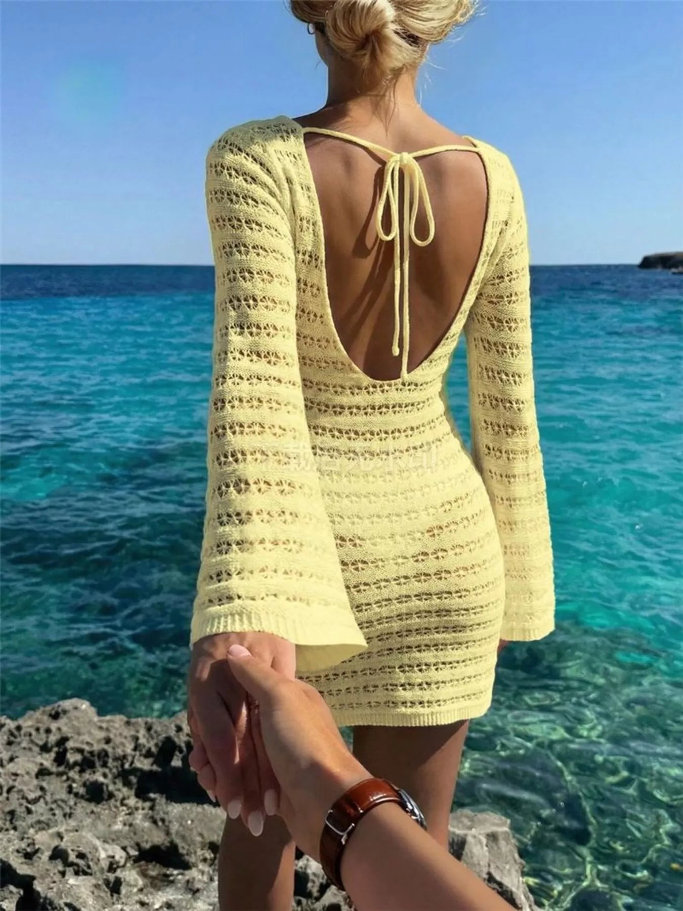 Sheer Crochet Knit Mini Cover Up Dress