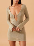 Sheer Knit Mini Cover Up Dress Khaki / S