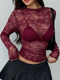 Sheer Lace Long Sleeve Top Burgundy / S