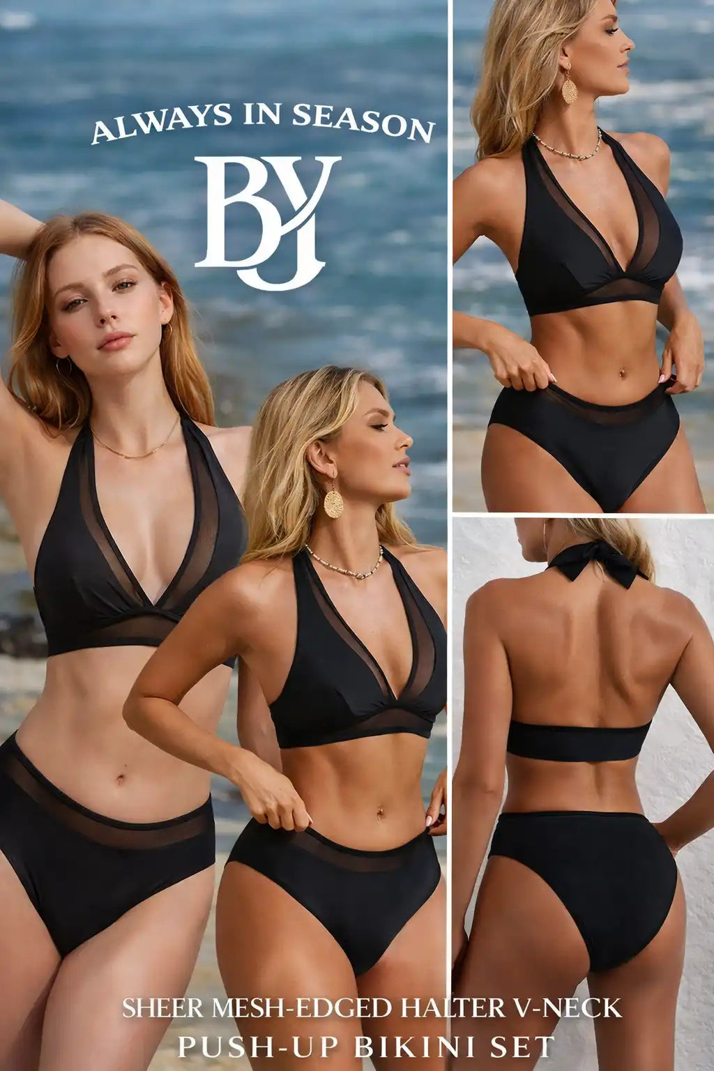 Mesh Edged Halter Push Up Bikini