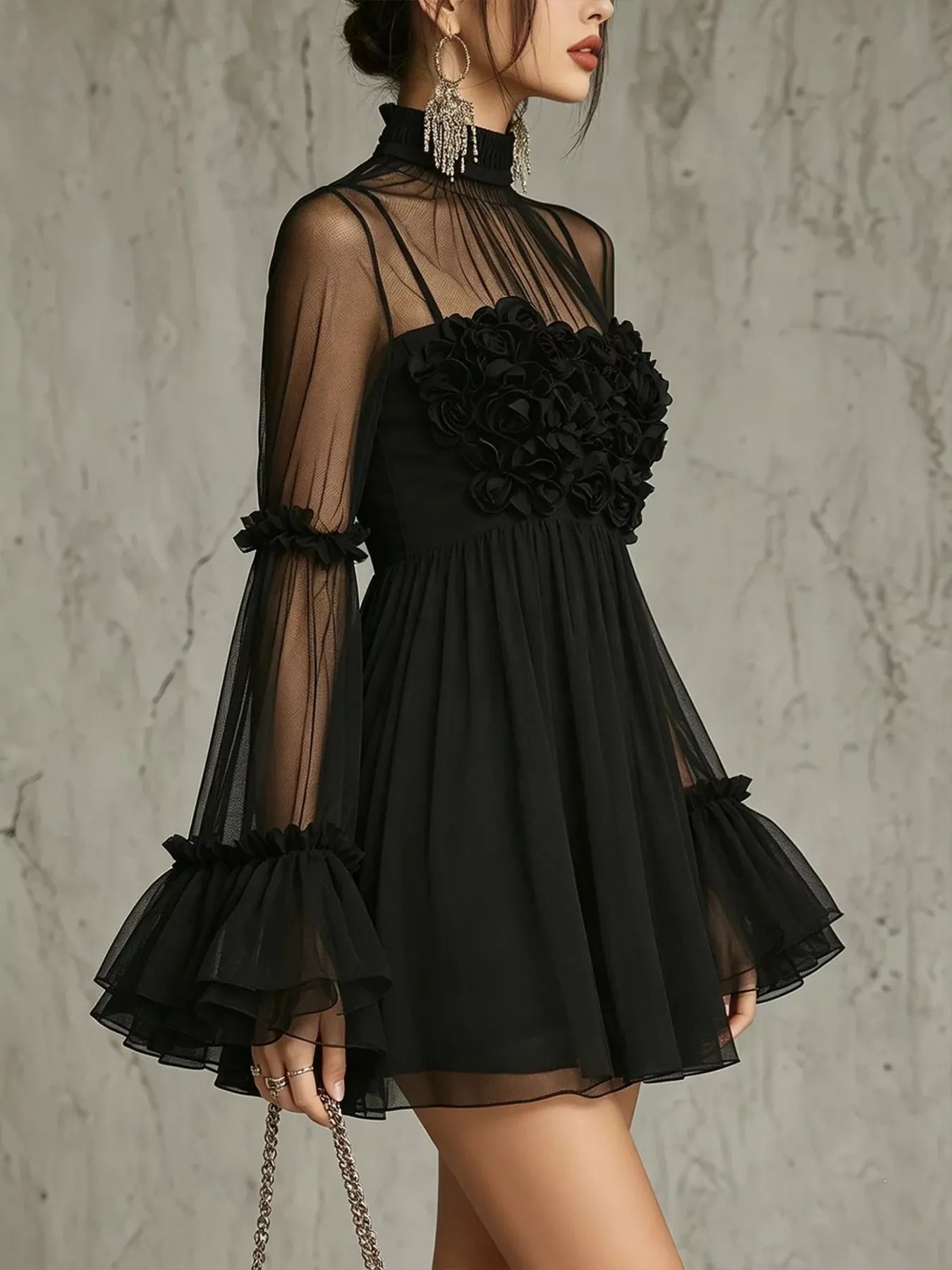 Sheer Mesh Flare-Sleeve Mini Dress - product view 3
