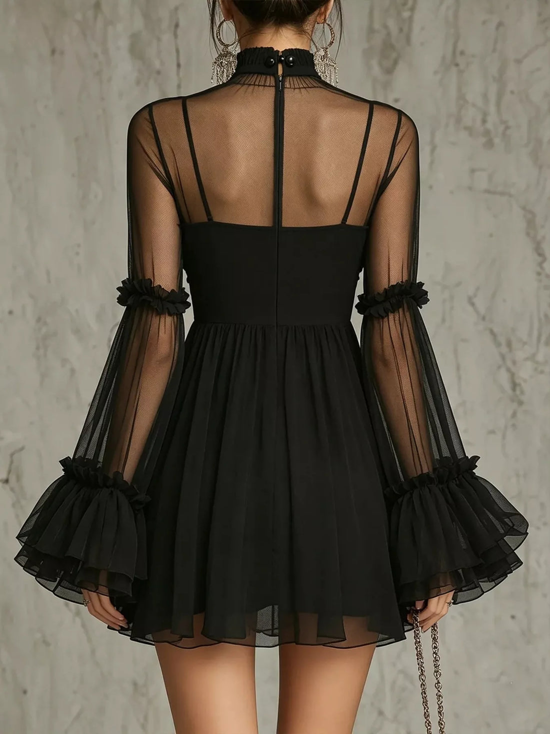Sheer Mesh Flare-Sleeve Mini Dress - product view 1