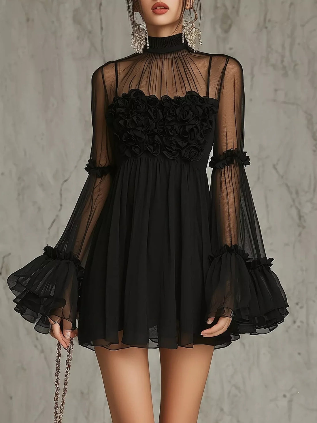 Sheer Mesh Flare-Sleeve Mini Dress - product view 1
