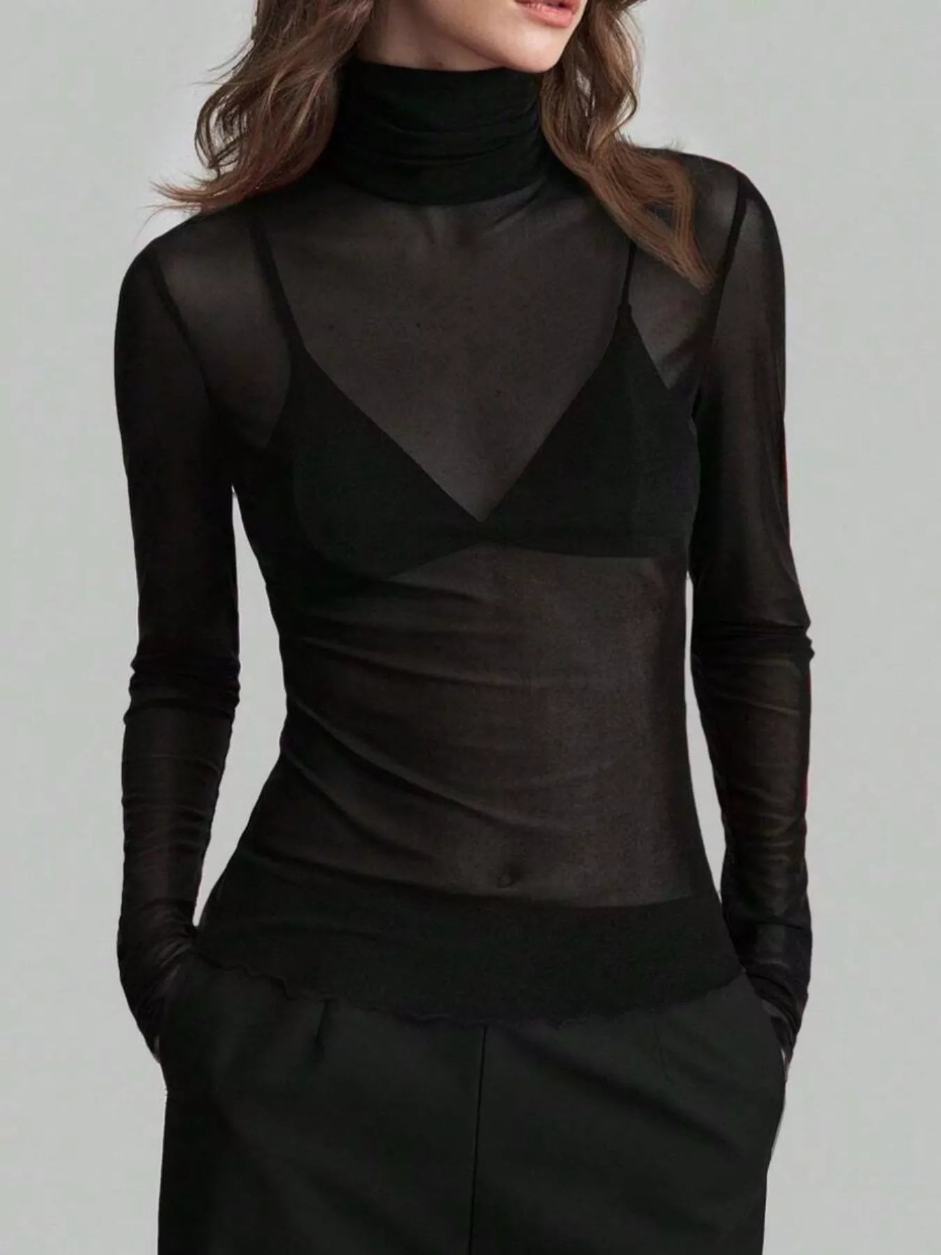 Sheer Mesh Turtleneck Top