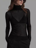 Sheer Mesh Turtleneck Top Black / S