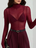 Sheer Mesh Turtleneck Top Burgundy / S