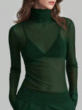 Sheer Mesh Turtleneck Top Dark Green / S