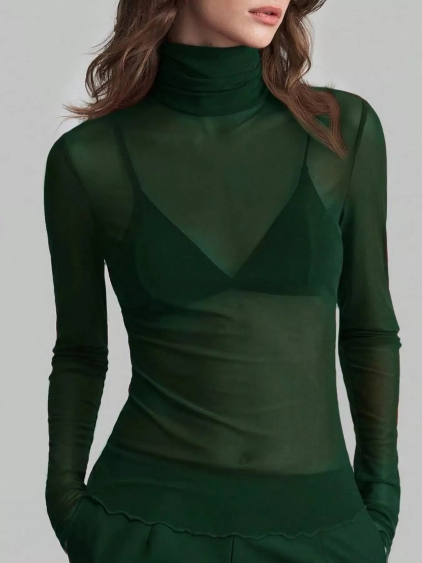 Sheer Mesh Turtleneck Top Dark Green / S