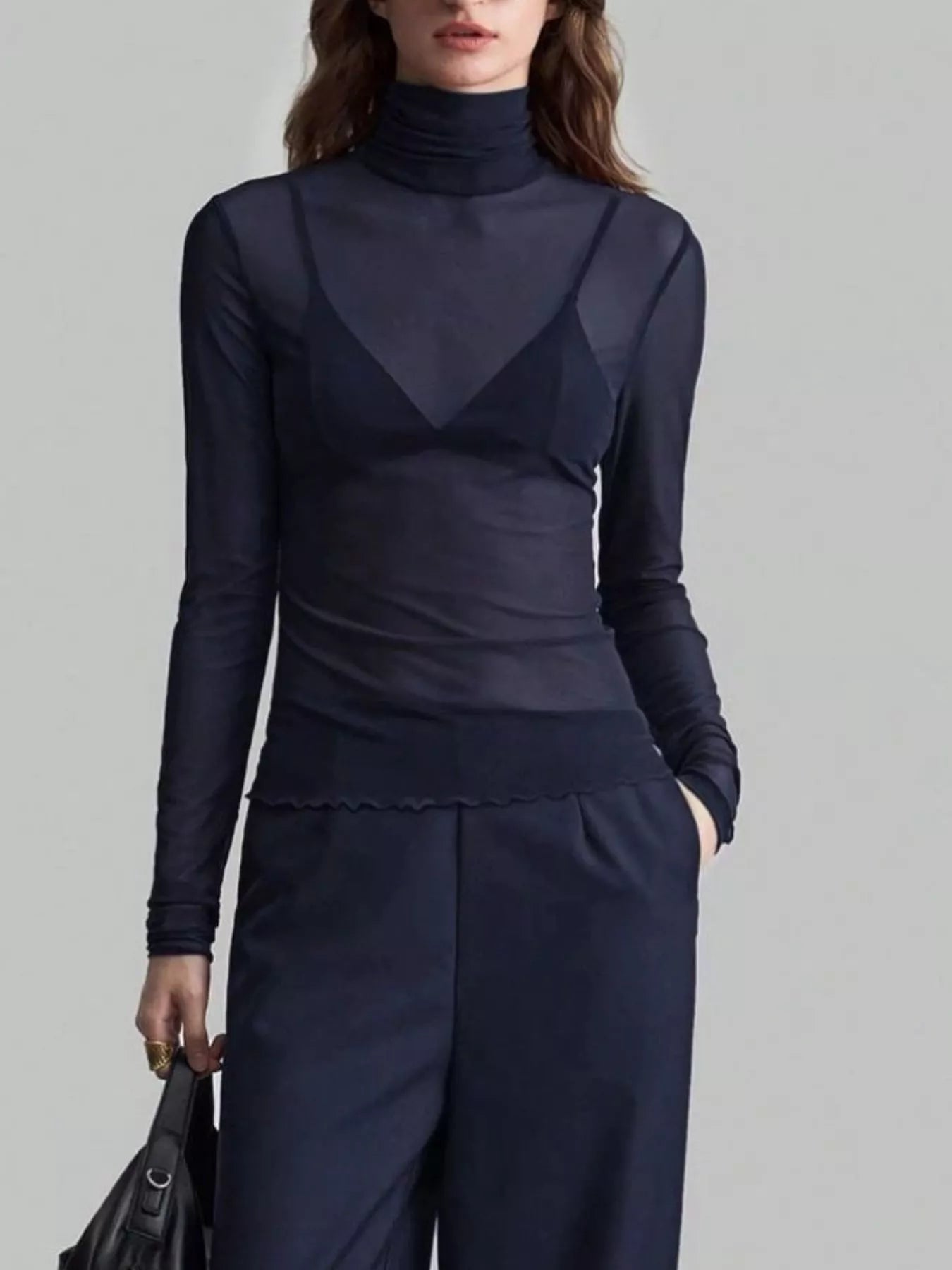 Sheer Mesh Turtleneck Top Navy / S