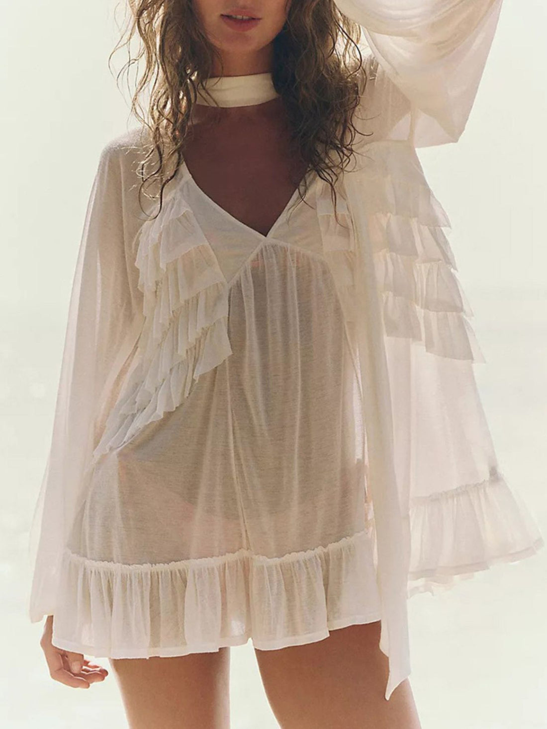 Sheer Ruffle Trim Beach Cover-Up White / S