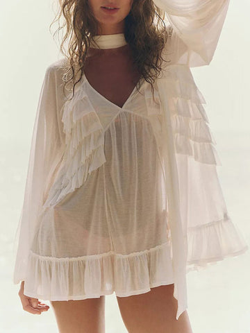 Sheer Ruffle Trim Beach Cover-Up White / S