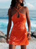 Orange Sequin Halter Backless Mini Dress