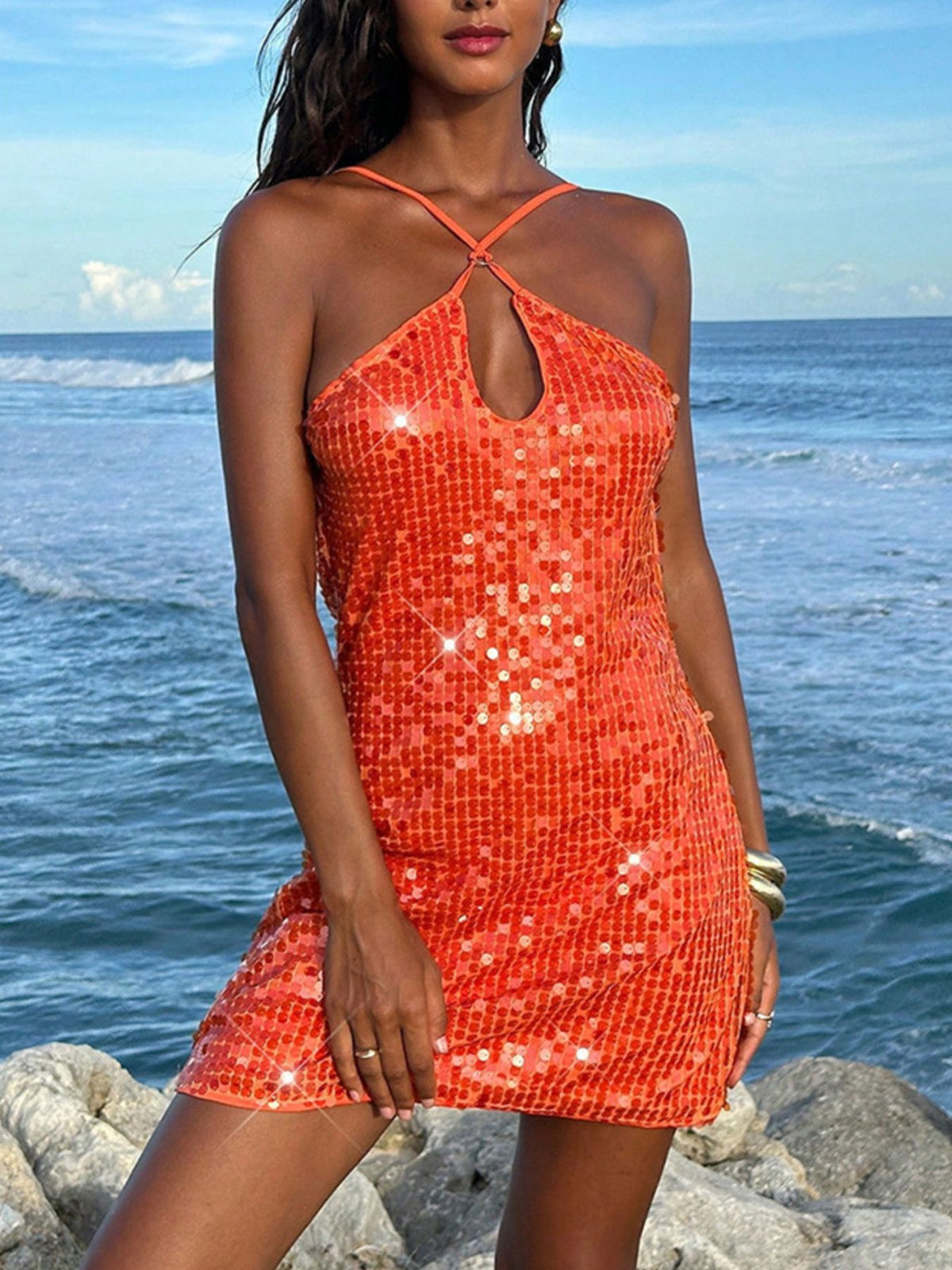 Orange Sequin Halter Backless Mini Dress Orange / S