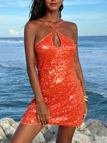 Robe Courte Orange à Sequins Dos Nu et Col Halter