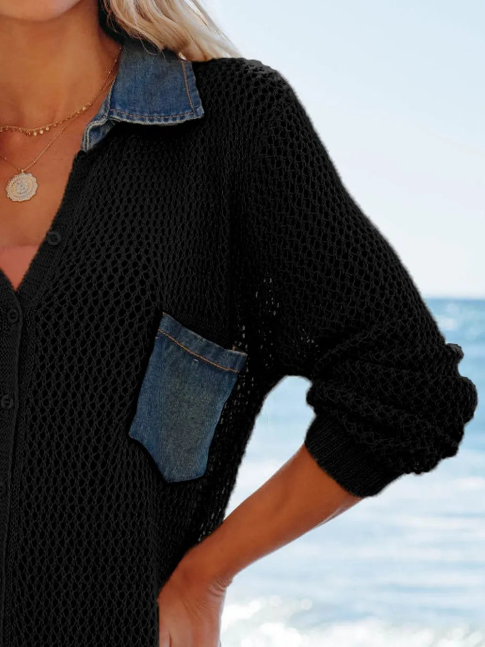 Paréo col chemise ajouré à fente latérale