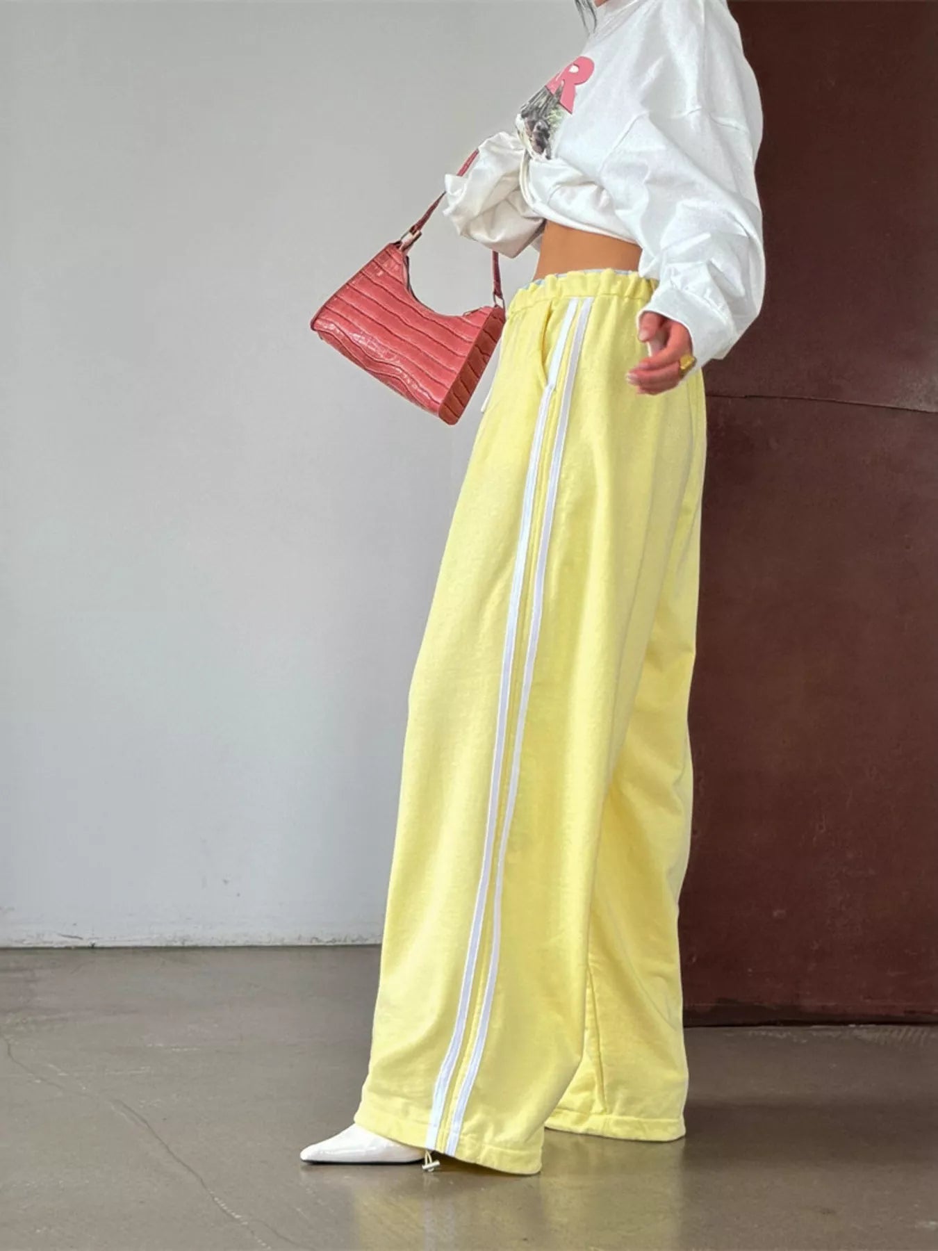 Side Stripes High-Waisted Wide-Leg Sweatpants Yellow / S