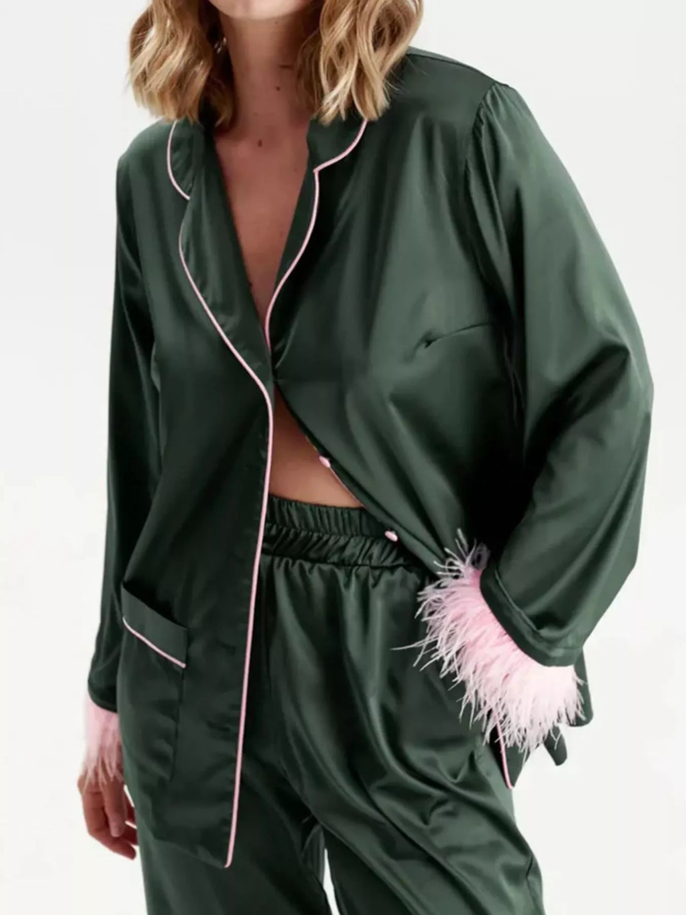 Silky Button Up Top and Pants Lounge Set Sage / S