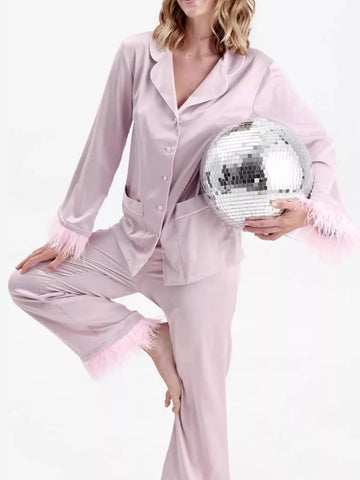 Silky Button Up Top and Pants Lounge Set Pink / S