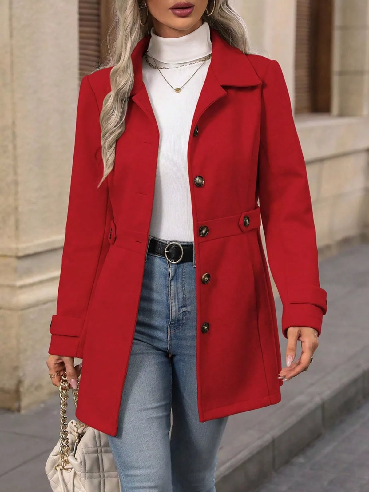 Single-Breasted Long Sleeve Coat Red / S
