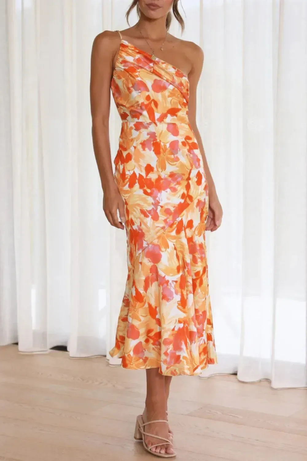 Single Shoulder Midi Dress for Women Tangerine / S