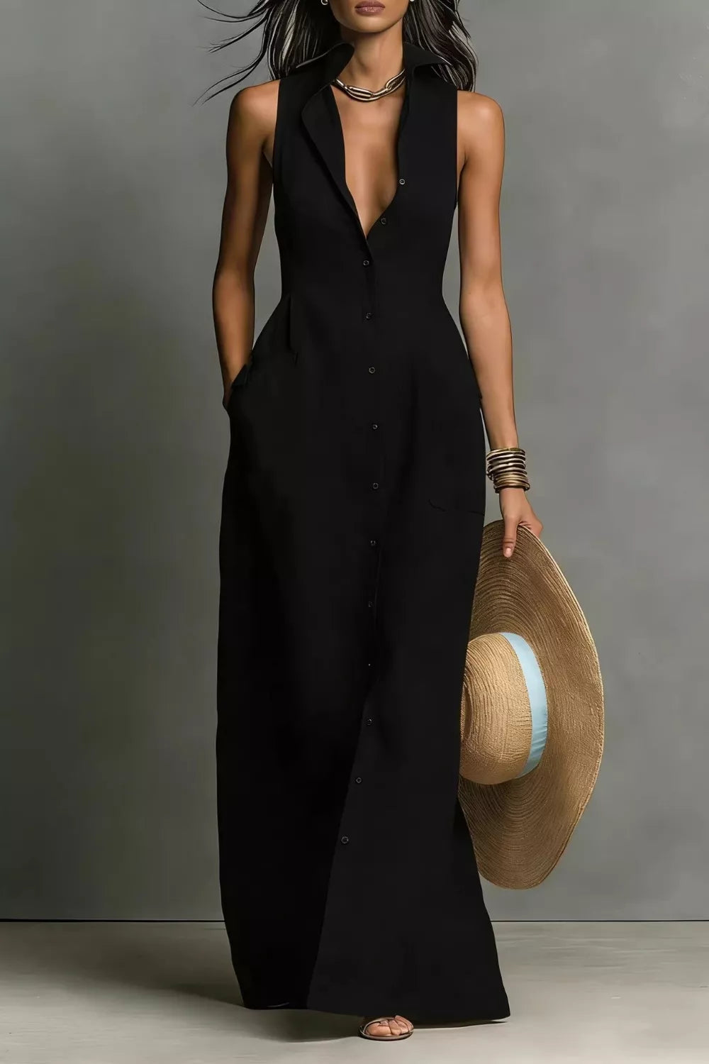 Sleeveless Button-Down Maxi Dress Black / S