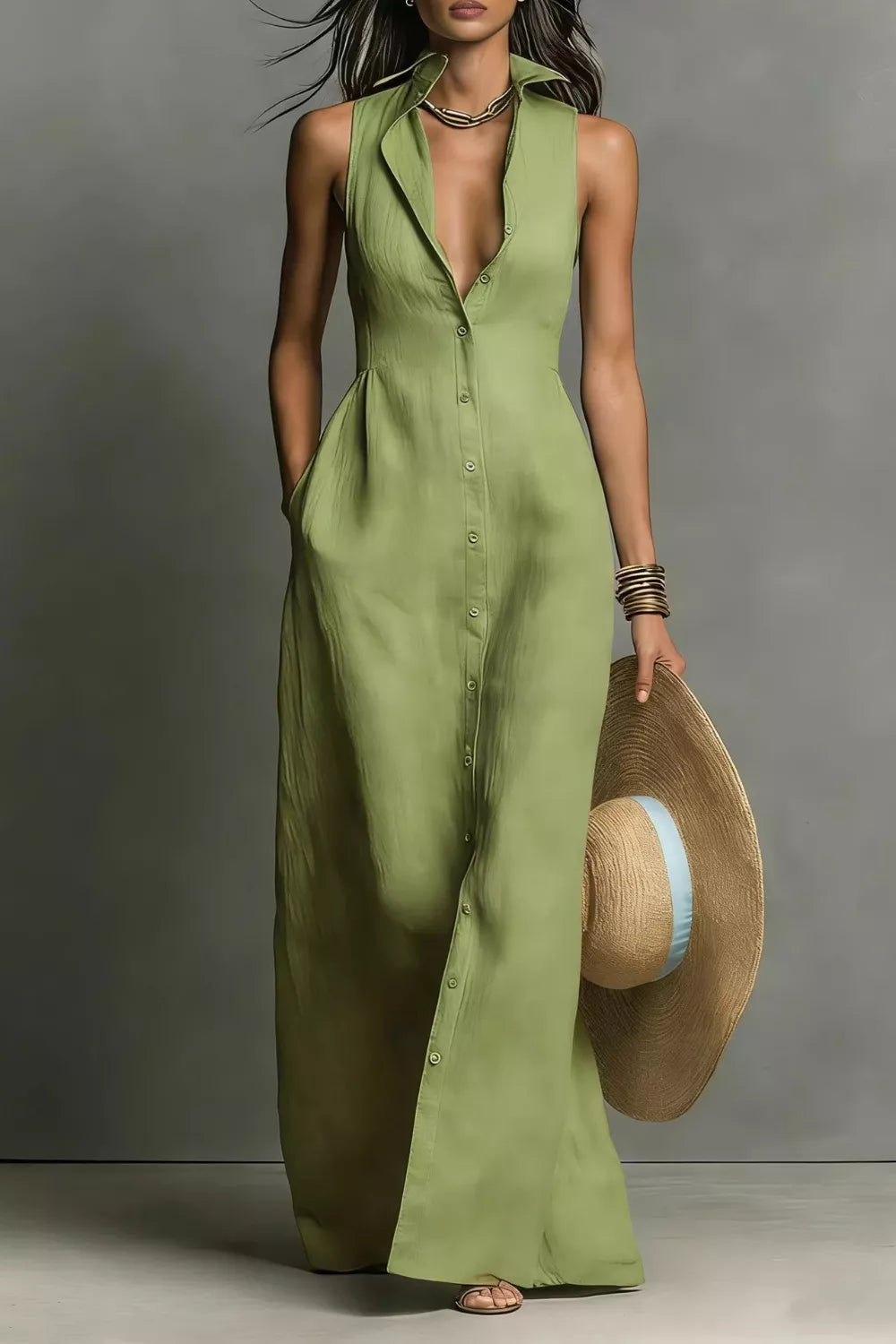 Sleeveless Button-Down Maxi Dress Sage / S