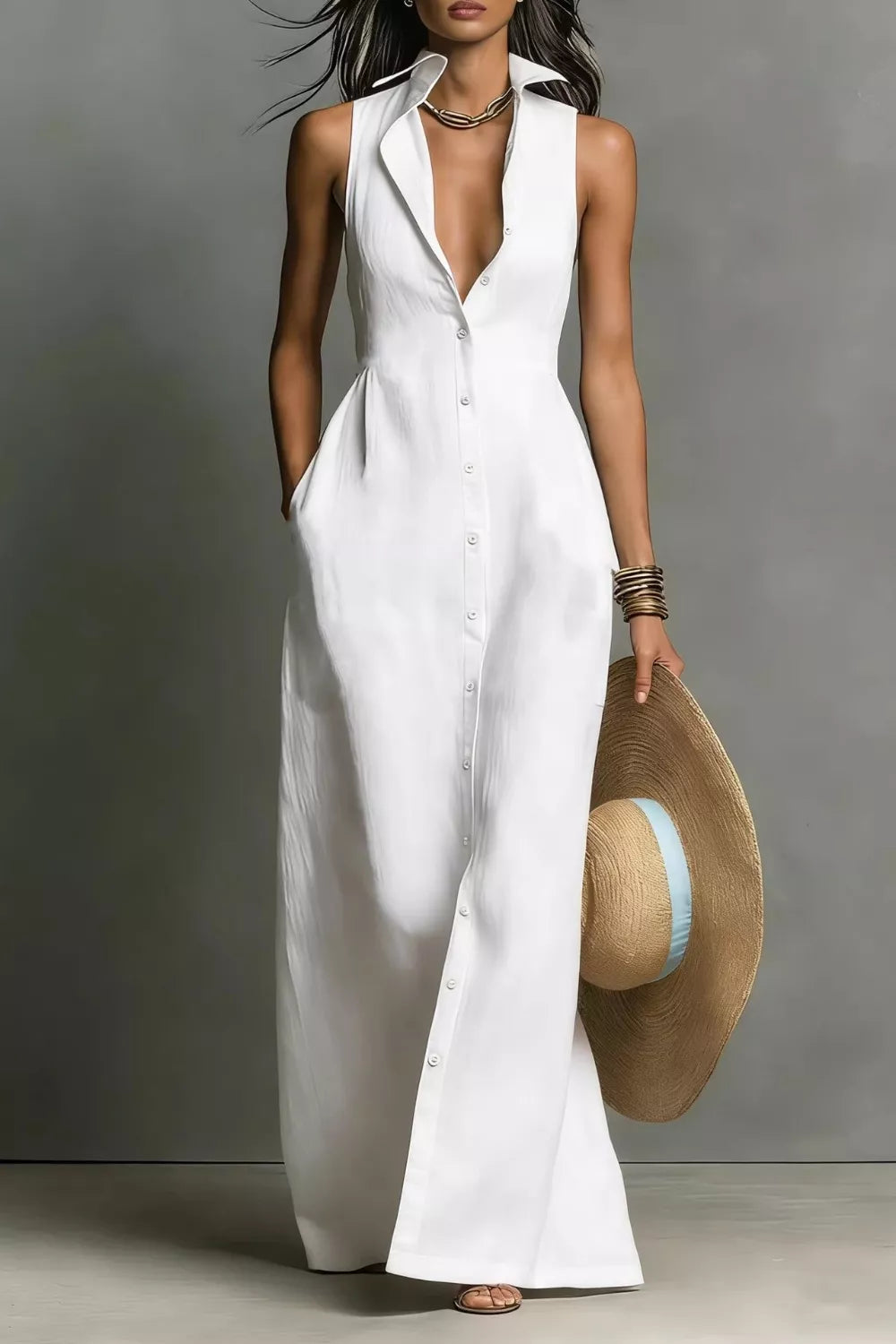 Sleeveless Button-Down Maxi Dress White / S