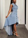 Sleeveless High-Low Button-Down Denim Dress